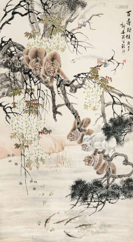 程璋（1869-1938）·百寿封侯（有出版） 纸本设色 立轴