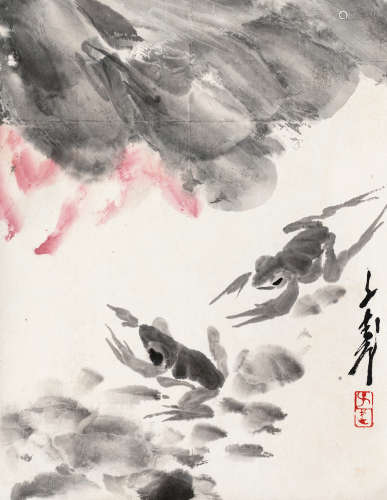 王子武（1936-2021）·荷塘蛙趣 纸本设色 立轴