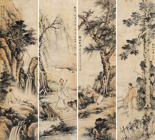 黄君璧（1898-1991）·高逸图四屏（有出版） 纸本设色 立轴