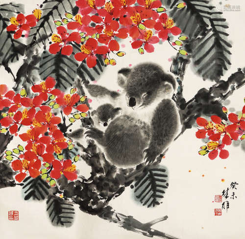 方楚雄（b.1950）·红叶树袋熊 纸本设色 镜芯