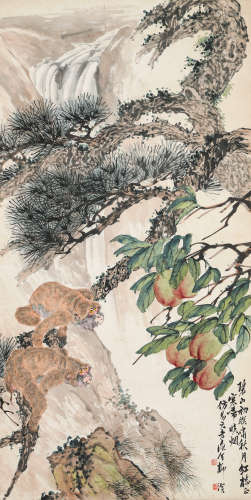 柳滨（1887-1945)·松猴得寿（有出版） 纸本设色 立轴