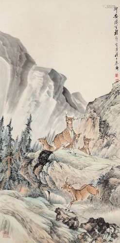 程璋（1869-1938）·松岩群鹿图（原北京文物公司旧藏） 纸本设色 立轴