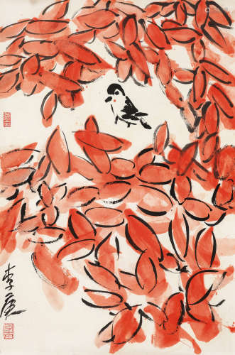 李庚（B.1950）·红叶小鸟（直接得自作者本人，有出版） 纸本设色 镜芯