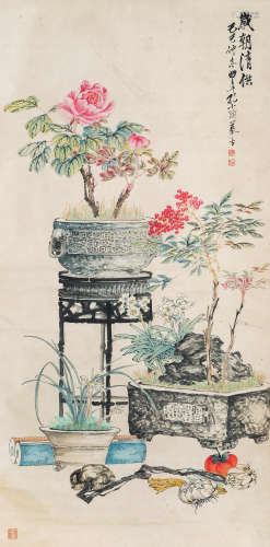 孔小瑜（1899-1984）·岁朝清供（文物公司旧藏） 纸本设色 立轴