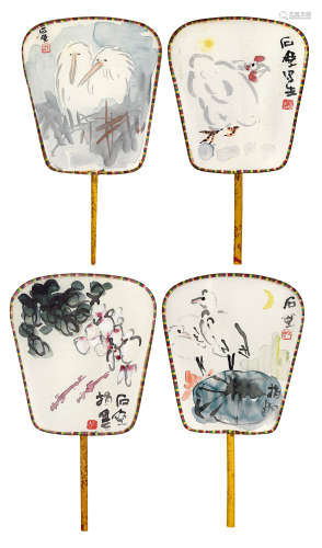 陈子庄（1913-1976）·团扇四件（海外回流） 绢本设色 团扇