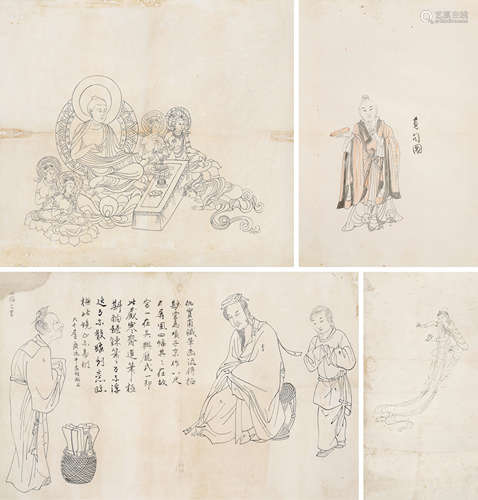 张大千（1899-1983）·敦煌人物画稿四件（藏家得自黄独峰亲属） 纸本水...