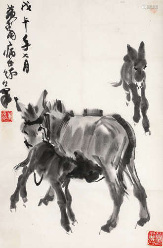 黄胄（1925-1997）·三驴图 纸本水墨 立轴