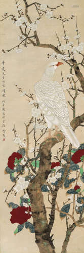 陈之佛(1896-1962)·红花白梅雄鹰图（有出版） 纸本设色 立轴