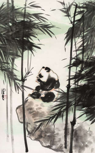 陈佩秋（1922-2020）·竹林熊猫图（附谢定琨鉴定真迹证书） 纸本设色 ...