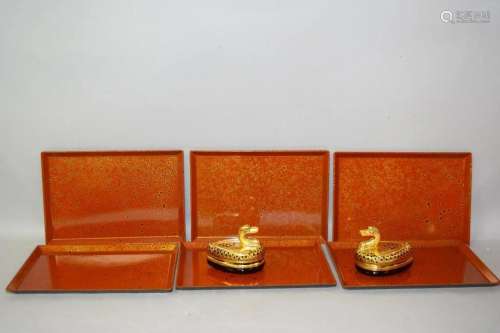 Group of Japanese Lacquer Trays with Duck Boxes