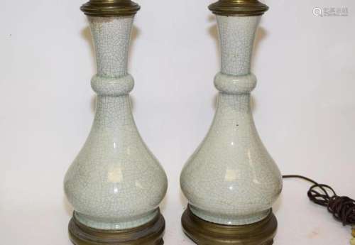 Pr. of 19th C. Chinese Porcelain Faux Ge Glaze Vase Lamps