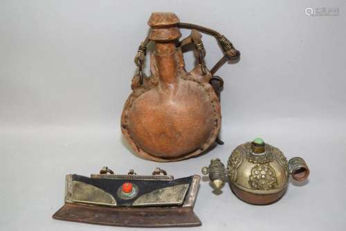 Group of 19th C. Chinese Tibetan Brass/Ox Skin Wares