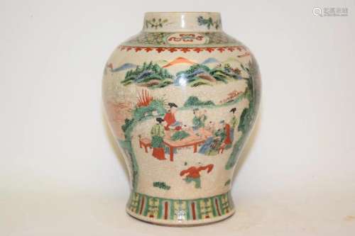 18-19th C. Chinese Porcelain Ge Glaze Wucai Jar