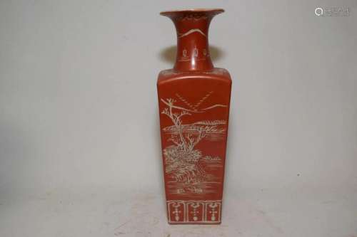 19th C. Chinese Porcelain Iron Red Landscape Vase