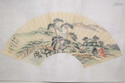Chinese Landscape Watercolor Painted Fan, Pu XinYu