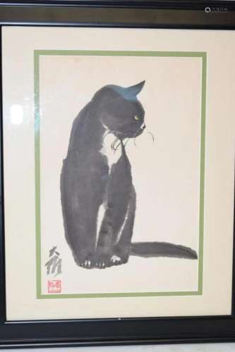 American Watercolor Cat Painting, Signed Da Wei