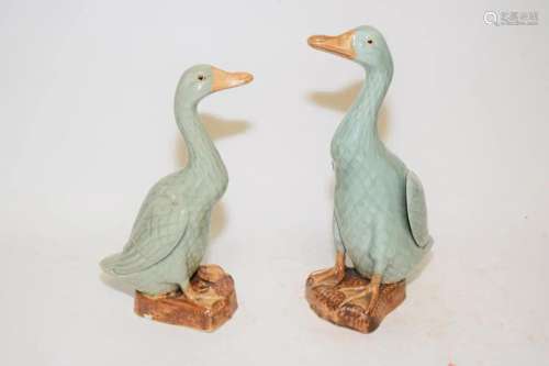 Pr. of 19-20th C. Chinese Porcelain Pea Glaze Ducks