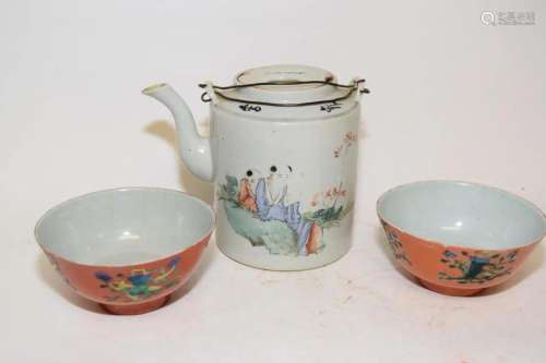 Three 19-20th C. Chinese Porcelain Famille Rose Tea Wares