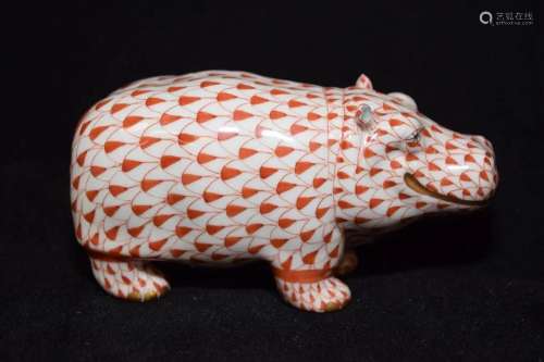 Herend Hungary Porcelain Red Hippo Figurine