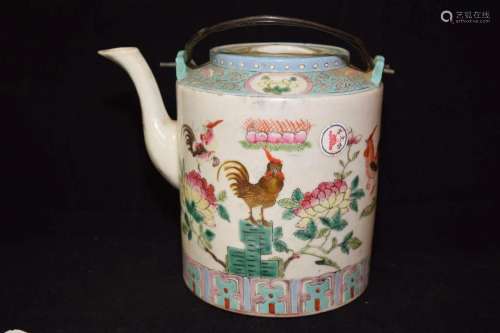 19th C. Chinese Porcelain Famille Rose Rooster Teapot