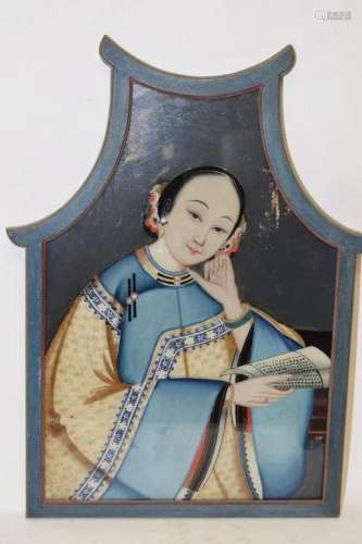 19th C. Chinese Reverse Painted Maiden Hanging Screen