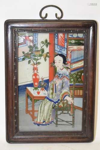 19th C. Chinese Reverse Painted Maiden Hanging Screen