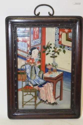 19th C. Chinese Reverse Painted Maiden Hanging Screen