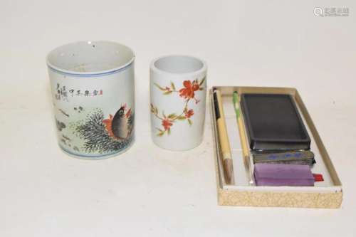 Two 19-20th C. Chinese Porcelain Famille Rose Brush Set