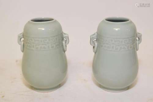 Pr. of Chinese Porcelain Pea Glaze Relief Carved Vases