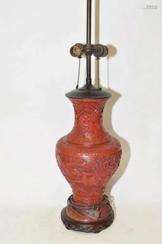 18-19th C. Chinese Red Lacquer Carved Vase Lamp