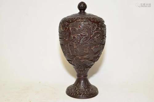 19th C. Chinese Brownish Red Lacquer Carved Jar