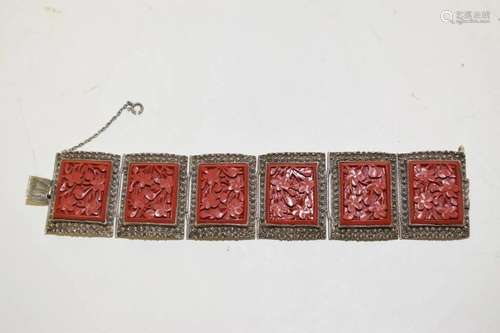 19-20th C. Chinese Cinnabar Inlay Silver Bracelet