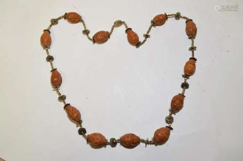 19-20th C. Chinese Olive Seed Carved Rohan Bead Necklace