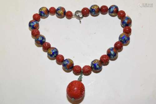 Chinese Cinnabar and Cloisonne Bead Necklace