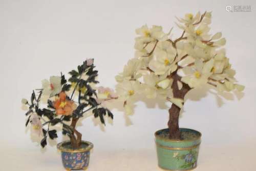 Two Chinese Jade Trees with Cloisonne Pot