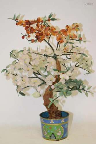 Large Chinese Jade Tree in Cloisonne Pot