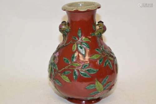 19th C. Chinese Carved Porcelain Red Glaze Vase