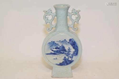 19th C. Chinese Porcelain Pea Glaze B&W Moon Flask