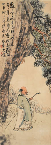 王震（1867-1938）·策杖寻幽 纸本设色 立轴
