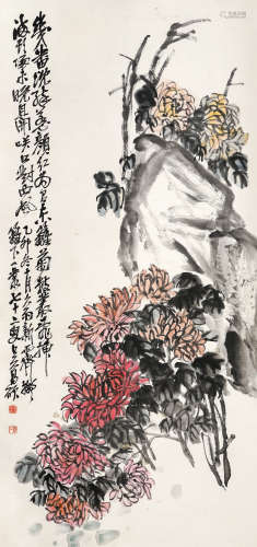 吴昌硕（1844-1927）·秋菊寿石图 乙卯（1915年作） 纸本设色 立轴