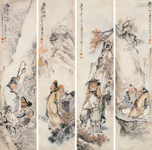 李霞（1871-1937）·人物故事四屏 庚申（1920年）作 纸本设色 镜芯