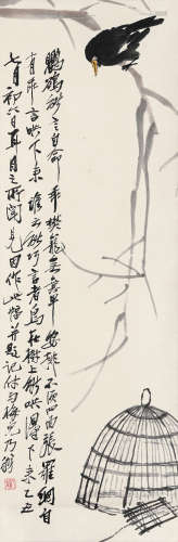 齐白石（1864-1957）·鸜鹆樊笼图 乙丑(1925年）作 纸本设色 立轴