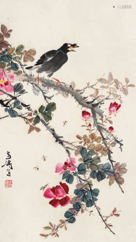 王雪涛（1903-1982）·富贵八哥 纸本设色 立轴