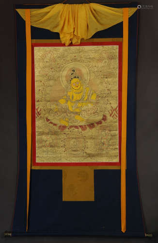 In the Qing Dynasty, the old Thangka with the golden card of...