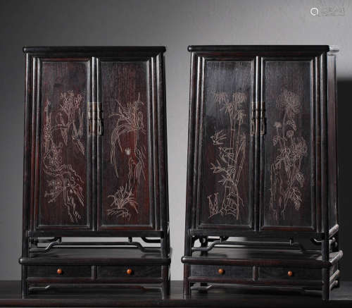 In the Qing Dynasty, red sandalwood bookcase inlaid with sil...