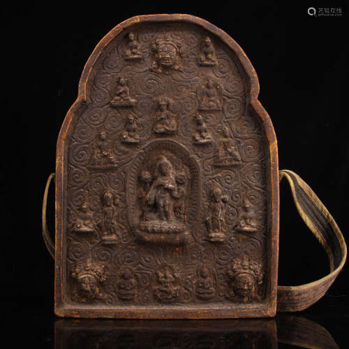 Tibet, Tibetan wood inlaid with copper Buddha plate Thangka