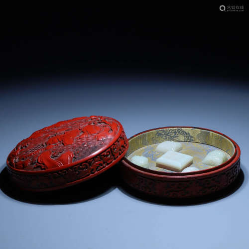 In the Qing Dynasty, a set of Hotan Jade seal in lacquer box