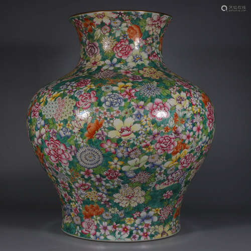 In the Qing Dynasty, pastel painted gold vase with flowers o...