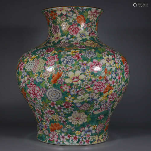 In the Qing Dynasty, pastel painted gold vase with flowers o...