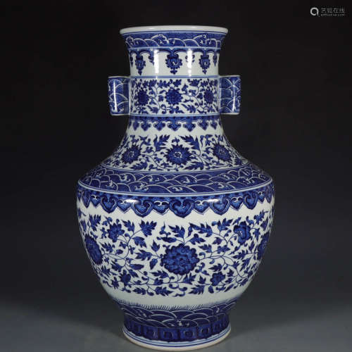 In the Qing Dynasty, blue and white vase with lotus and peon...